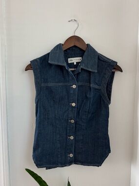 Zara Dark Blue Sleeveless Denim Button-Front Vest